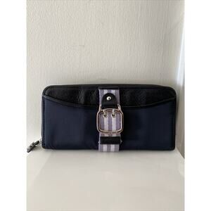 Cole Haan Black Nylon & Leather Card Holder Zipper Wallet Purple Stripe Buckle